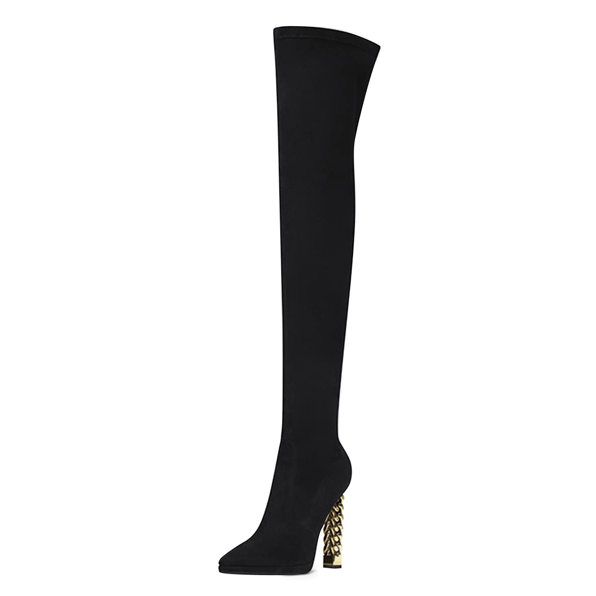 FSJ Women Fashion Over The Knee Long Boots Comfortable Flower Gold Metal Chain Chunky High Heels Sexy Pointed Toe Platform Stretch Thigh High Pull On Warm Shoes Size 4-15 US - Image 4