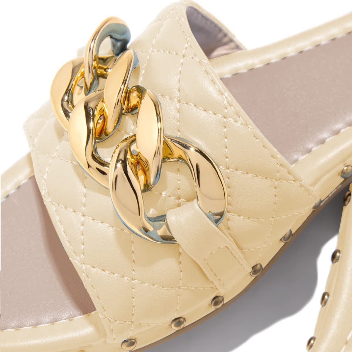FSJ Women Sexy Square Open Toe Comfortable Flat Thick Sole Cushion Sandals Fashion Gold Chain Style Slip On Slides Studded Daily Ladies Summer Shoes Size 4-15 US - Image 3